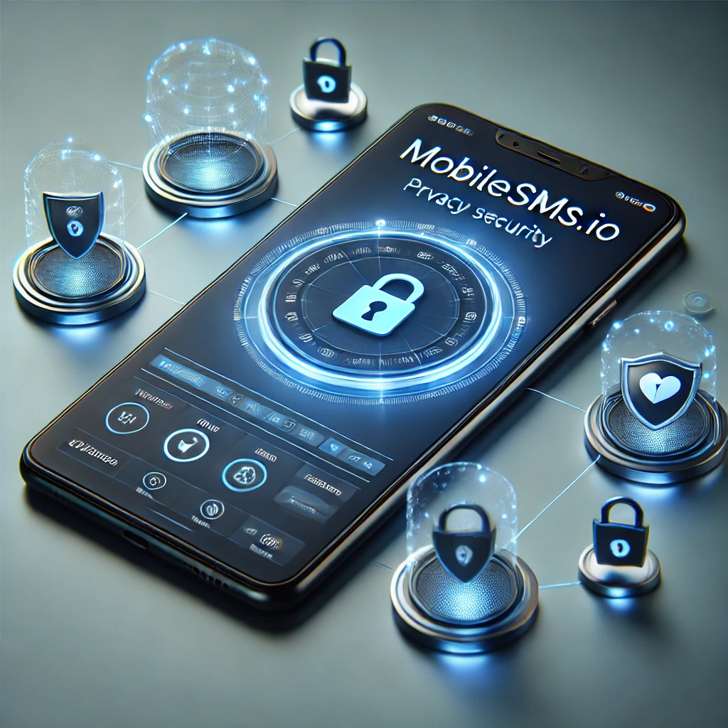 Smartphone displaying the MobileSMS.io dashboard, surrounded by symbols of security like locks and shields.