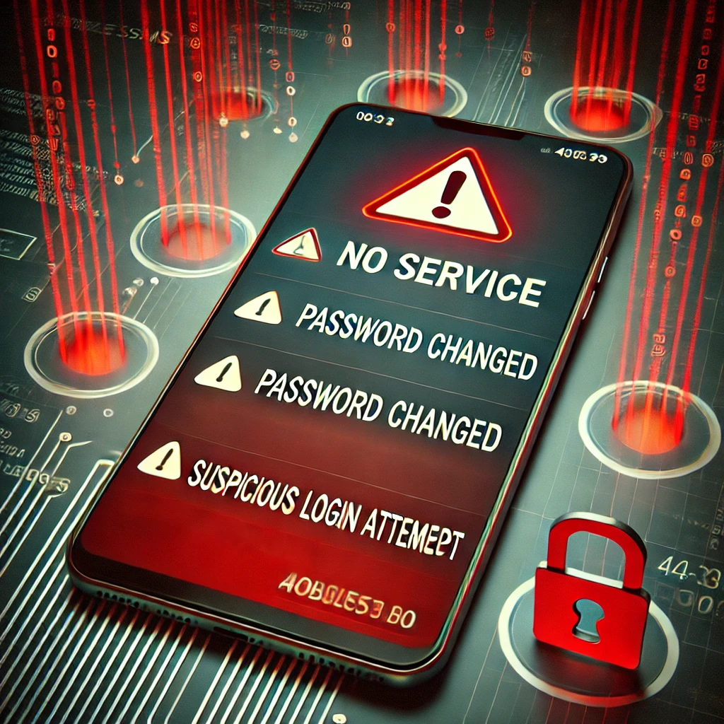 Phone showing alerts like no service and password changes, warning signs of SIM swapping.