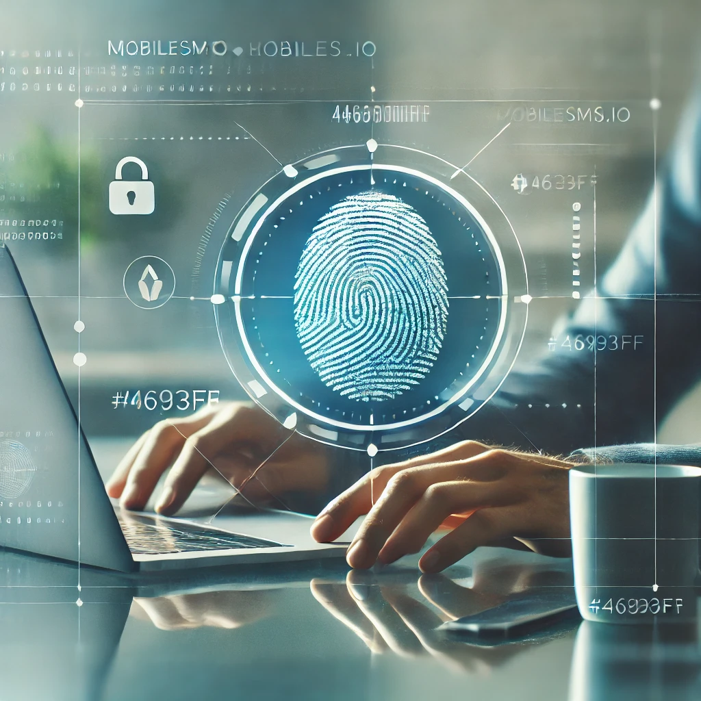 Person browsing anonymously with digital fingerprint protection symbol, representing online privacy.