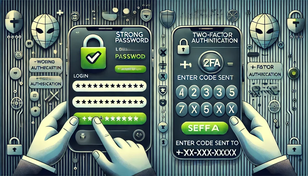 A split image showing strong password creation and a 2FA code entry prompt, emphasizing online safety.