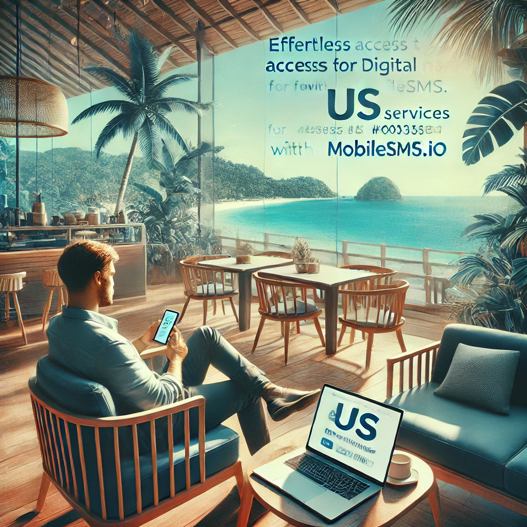 Digital nomad using MobileSMS.io to access US services abroad in a tropical setting.