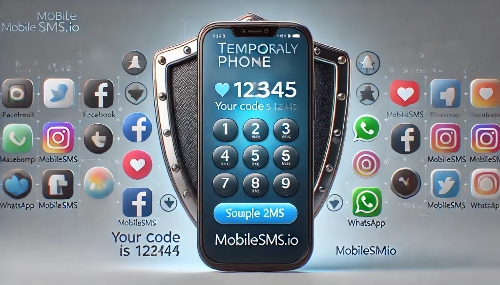 A mobile phone showing MobileSMS.io's interface with verification codes and icons of popular platforms like Facebook and Google.