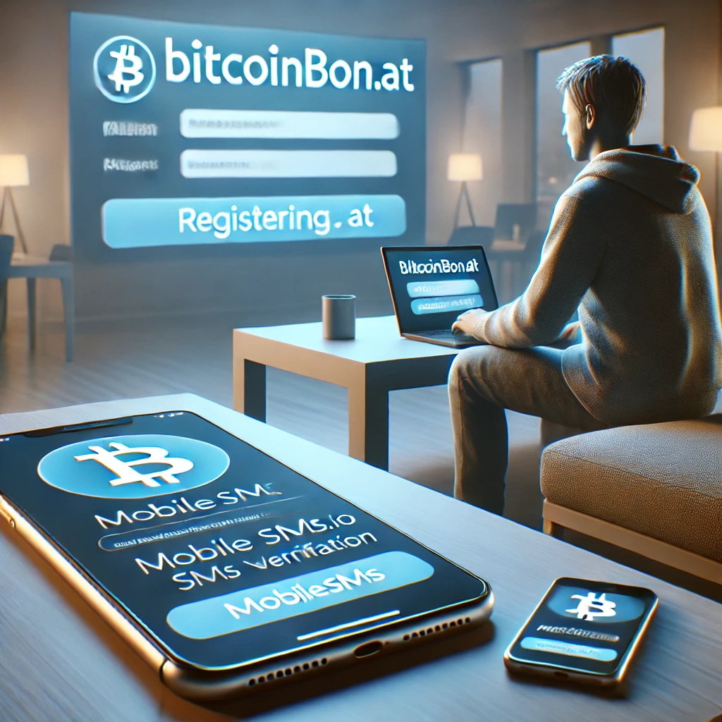 Registering on Bitcoinbon.at with enhanced privacy using MobileSMS.io SMS verification. The image shows a laptop and smartphone in a clean, private environment