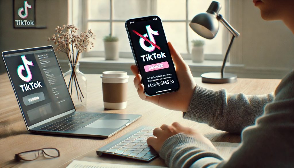 A frustrated individual looking at their phone displaying a banned notification on the TikTok app, with a laptop and coffee cup on a modern workspace desk.