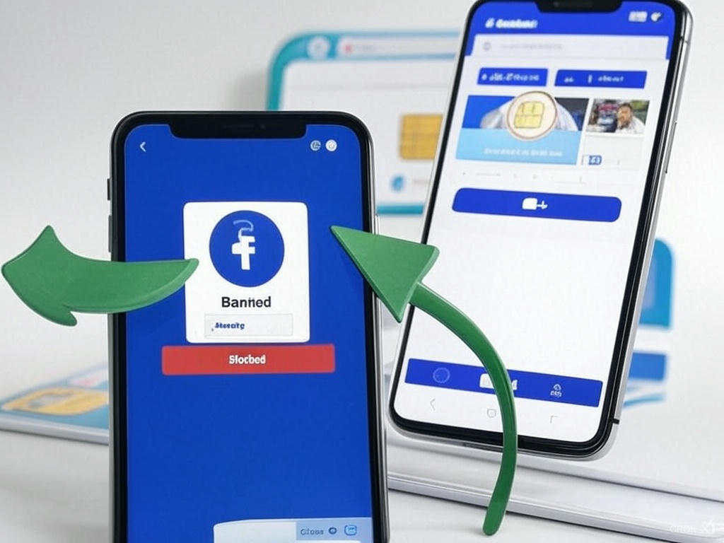 Split-screen image: on the left, a faded grayscale Facebook account with a red 'Blocked' banner; on the right, a vibrant full-color scene of a new Facebook profile being created, with a hand holding a shiny phone displaying a MobileSMS.io number. A green arrow curves from left to right, connecting the two sides, against a modern background with subtle SIM card and browser window elements in green, blue, and white.