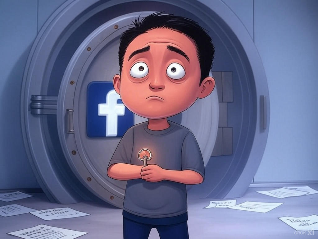 Cartoon-style image of a person with wide eyes and a furrowed brow, standing in front of a giant locked Facebook logo vault door, holding a tiny key. Scattered papers labeled 'Appeal Form,' 'ID Verification,' and 'Waiting...' are piled around them. The scene uses muted blues and grays, with a glowing bright key hinting at hope amidst the frustration.