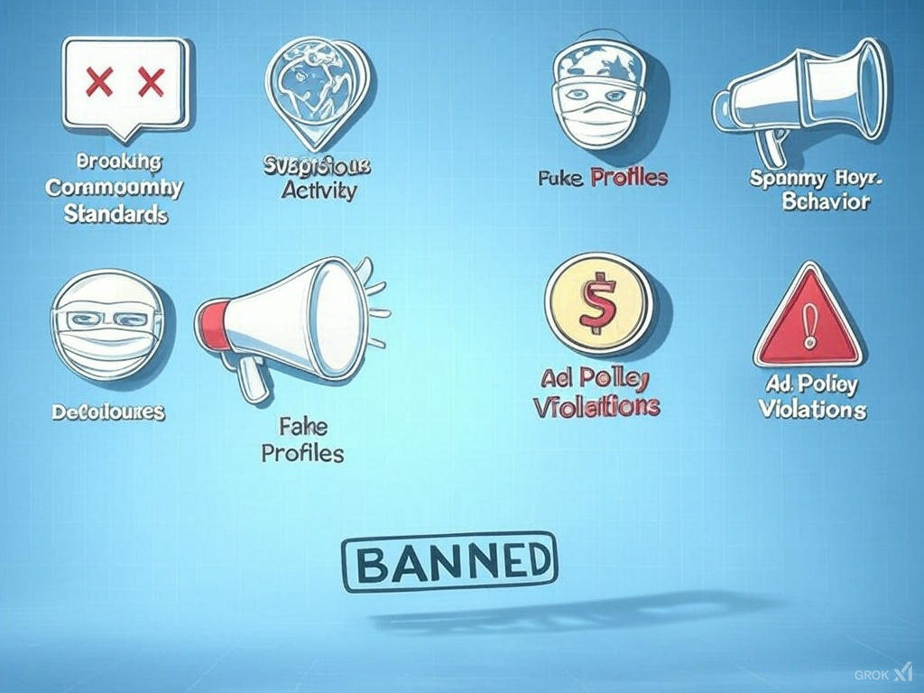 Infographic illustrating five common reasons for a Facebook ban: a speech bubble with a red 'X' for Breaking Community Standards, a globe with pins for Suspicious Activity, a masked face for Fake Profiles, a megaphone with repeating lines for Spammy Behavior, and a dollar sign with a warning symbol for Ad Policy Violations. Icons are white with red and yellow accents on a faint Facebook-blue grid background, with a subtle 'banned' stamp shadow in the bottom corner.