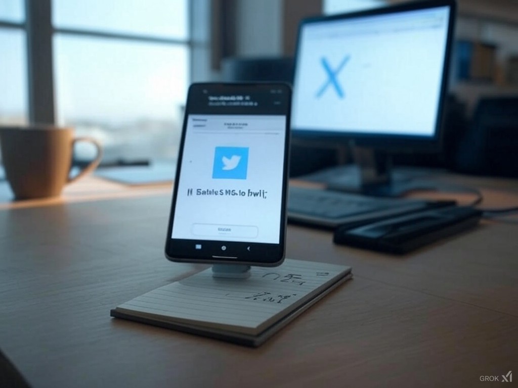 Laptop showing X (Twitter) ban notice with MobileSMS.io app on smartphone offering US number solution.