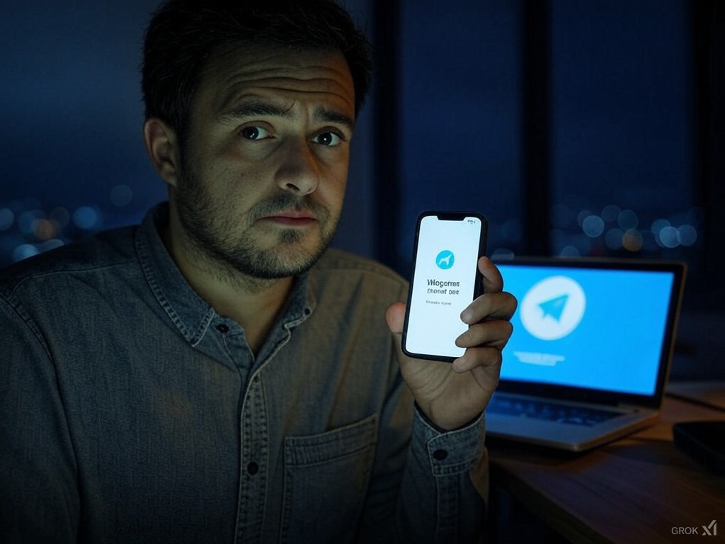 A frustrated man staring at his smartphone screen displaying a 'Telegram Account Banned' message, with a dimly lit background featuring a laptop on a desk with Telegram open, symbolizing cybersecurity concerns.