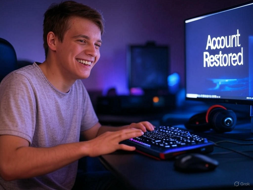 A middle-aged gamer sitting at a modern gaming desk with a high-end setup: a large monitor, mechanical keyboard, and gaming mouse. The gamer has a relieved and happy expression, gazing at the monitor displaying a message that reads "Account Restored" in a sleek, gaming-platform-style font. The room is dimly lit with subtle RGB lights from the computer, creating a cozy, immersive gaming atmosphere. On the desk, a headset rests casually, hinting at the return to gameplay.