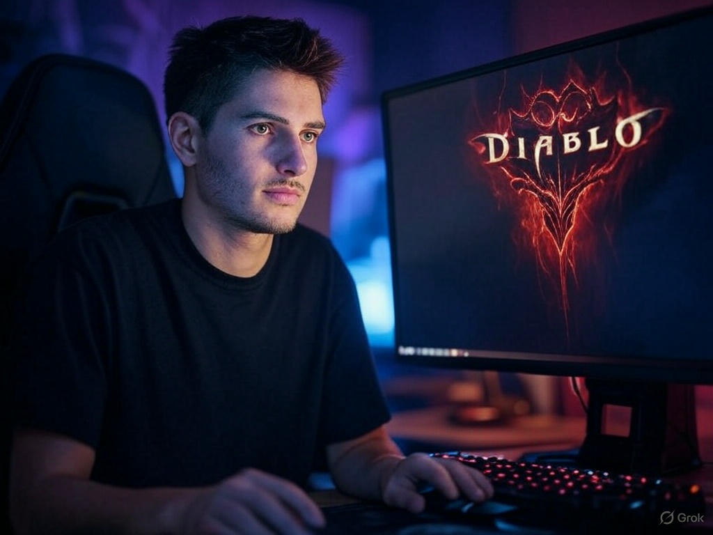 A person seated at a desk, entering details on a computer screen showing a generic "Gaming Platform Account Creation" page with fields like "Email," "Password," and "Phone Number." The person has a slight smile, suggesting optimism about starting anew. Next to the computer, a smartphone rests on the desk, displaying an incoming SMS with a verification code (e.g., "Your code: 483920"). The background includes a gaming mouse and a faintly glowing monitor, tying it to the gaming theme.