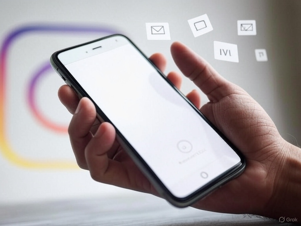 Illustration of a hand with a new phone setting up an Instagram profile, with icons for fresh details, showing how to avoid Instagram ban when creating a new account.
