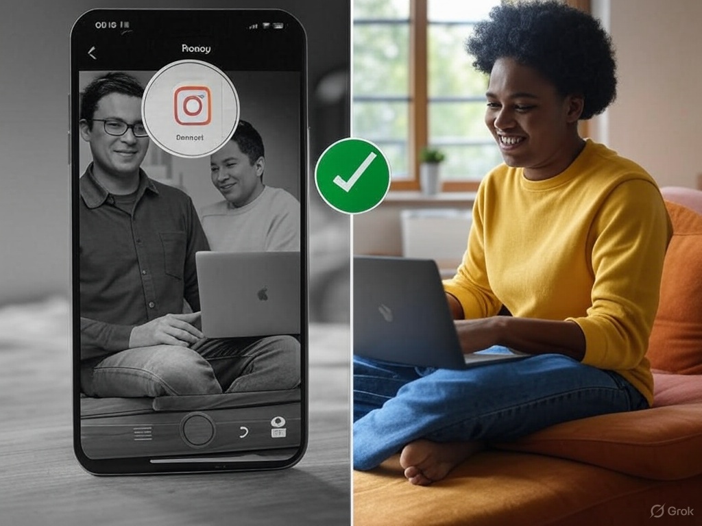 Split-screen image of a banned Instagram account and a person appealing the ban on a laptop, showing how to appeal Instagram ban and recover access.