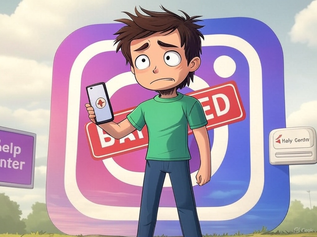 Cartoon of a frustrated person with a phone facing a giant Instagram logo stamped 'BANNED,' illustrating why did Instagram ban my account.