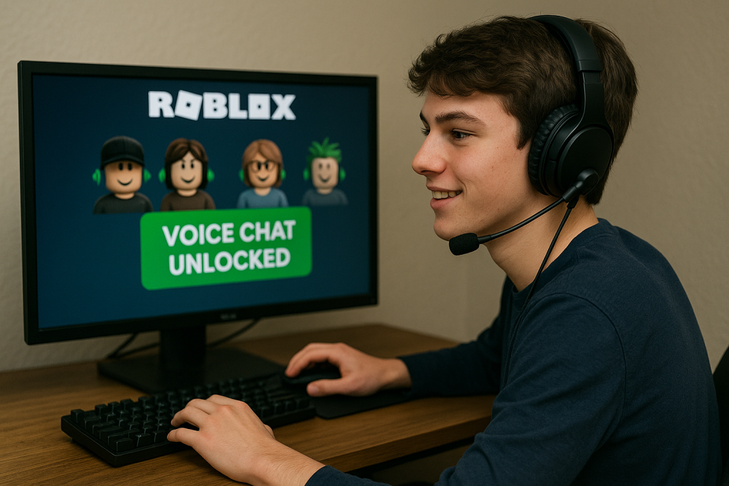 Teen gamer using Roblox voice chat without phone verification on widescreen monitor
