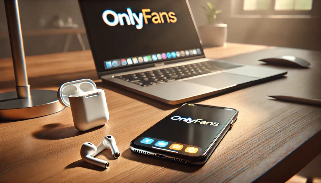 Photorealistic smartphone displaying the OnlyFans app beside a laptop and earbuds