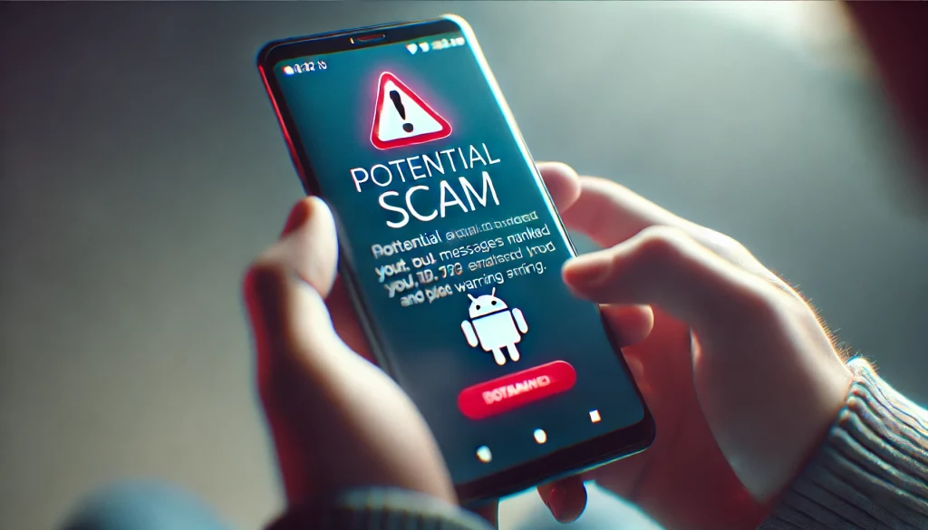 Smartphone screen showing a scam warning from an unknown sender	