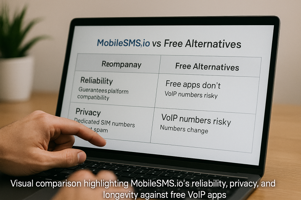 Laptop screen displaying a comparison between MobileSMS.io and free alternatives.