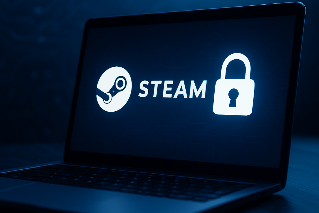 Laptop screen displaying the Steam logo alongside a padlock icon, symbolizing secure account creation without personal phone numbers.