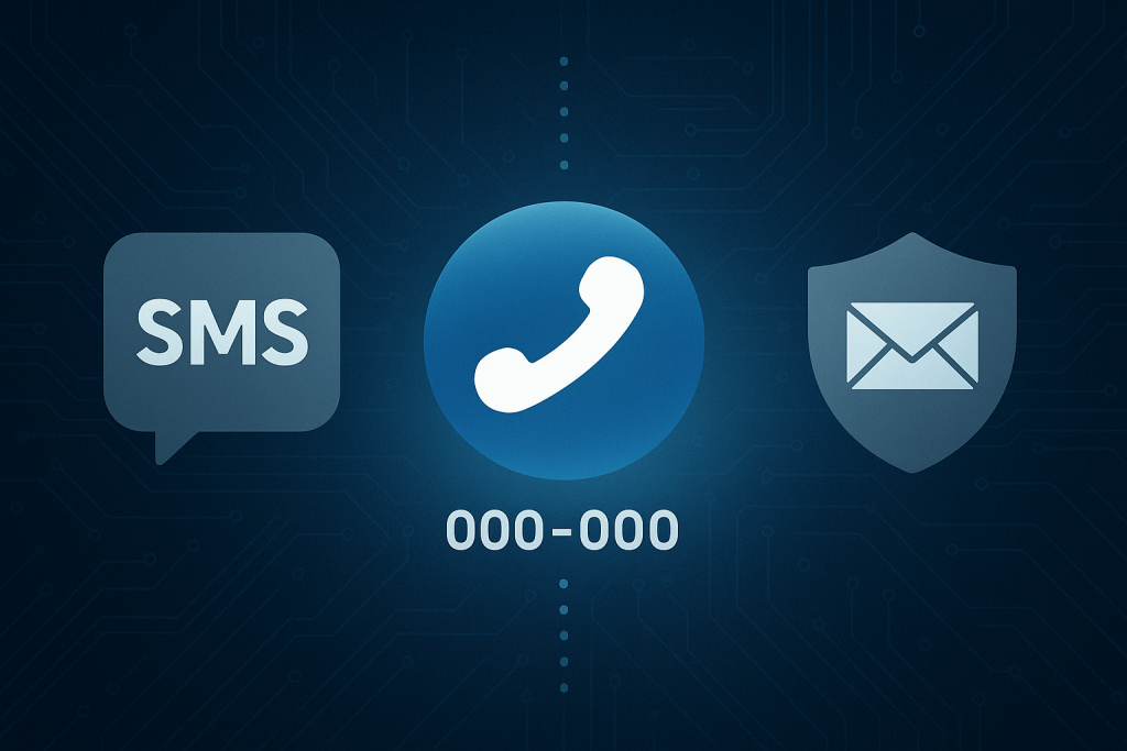 Icons representing SMS, VoIP phone, and secure email on a digital circuit board background.