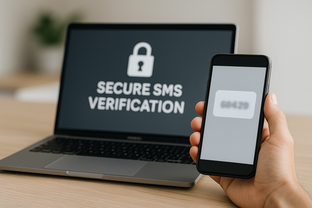 Smartphone with blurred code held in front of laptop showing “Secure SMS Verification.”
