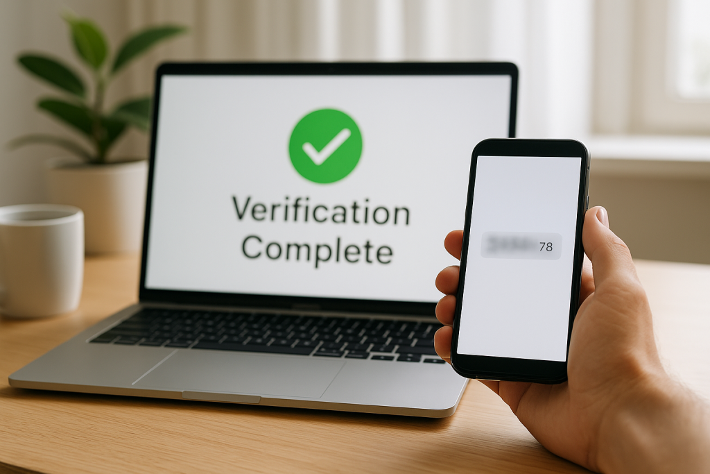 Laptop screen with green checkmark and text “Verification Complete,” phone showing blurred code.
