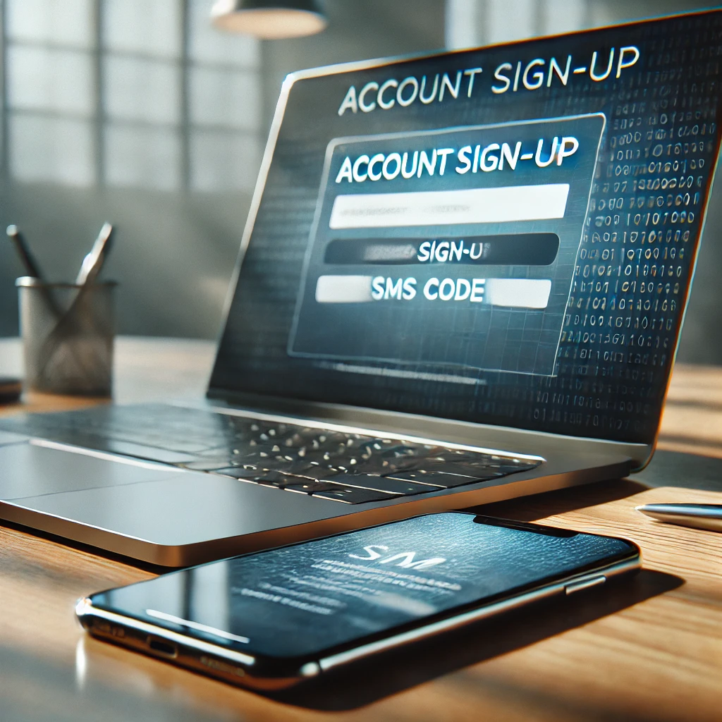 Laptop with blurred sign-up screen and smartphone receiving SMS verification code.