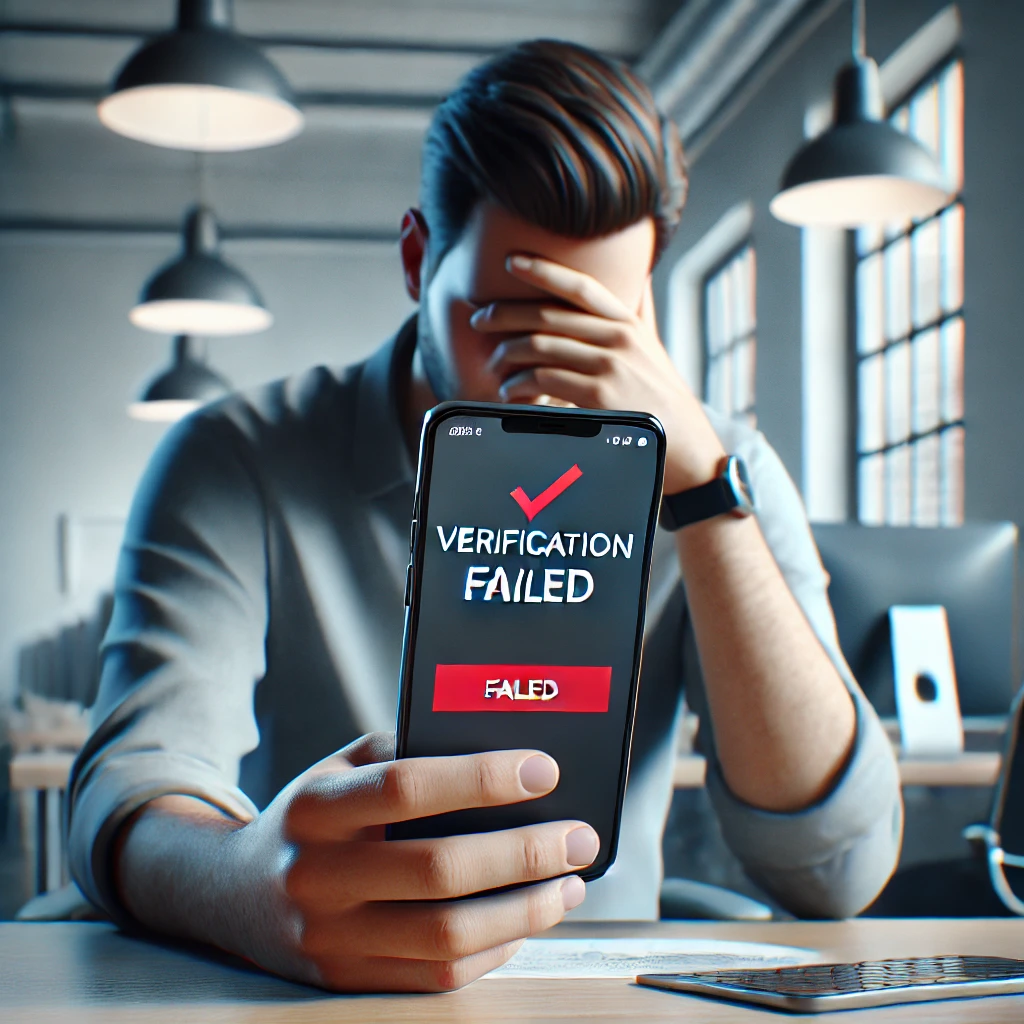 Frustrated user holding a phone displaying a failed verification message.