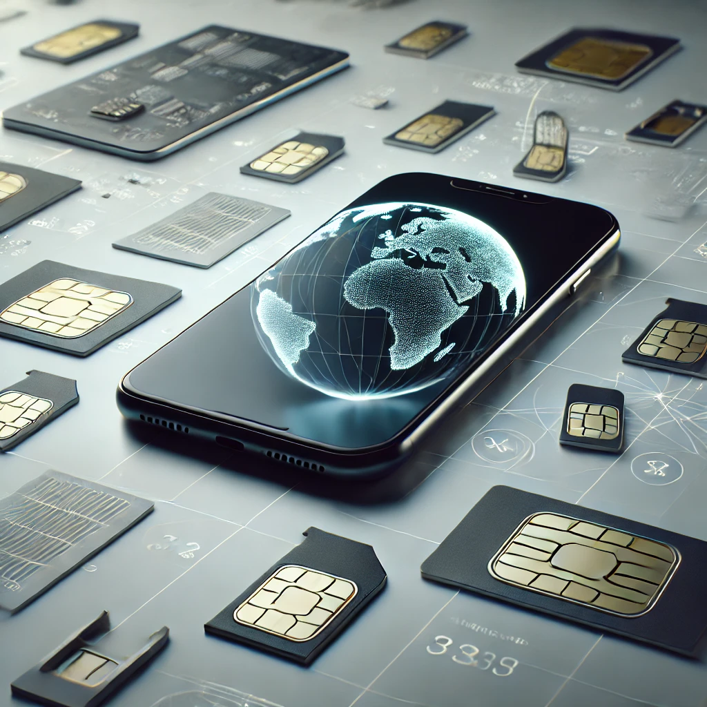Smartphone on desk with several SIM cards around it, representing real SIM solutions.