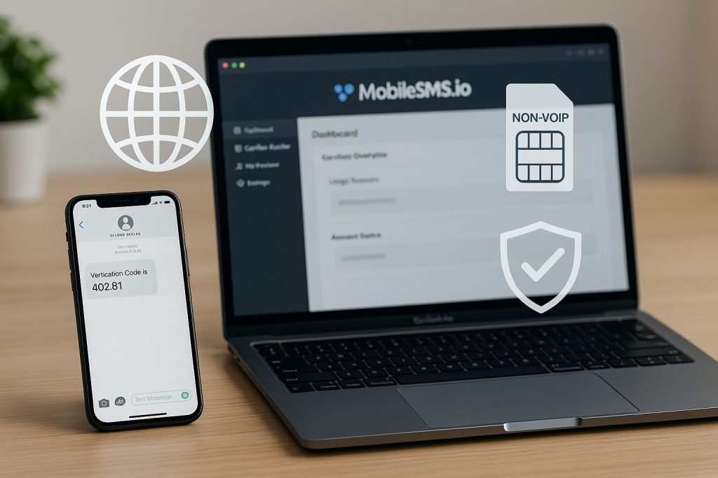 Smartphone with SMS code and laptop showing MobileSMS.io dashboard, symbolizing secure global verification.