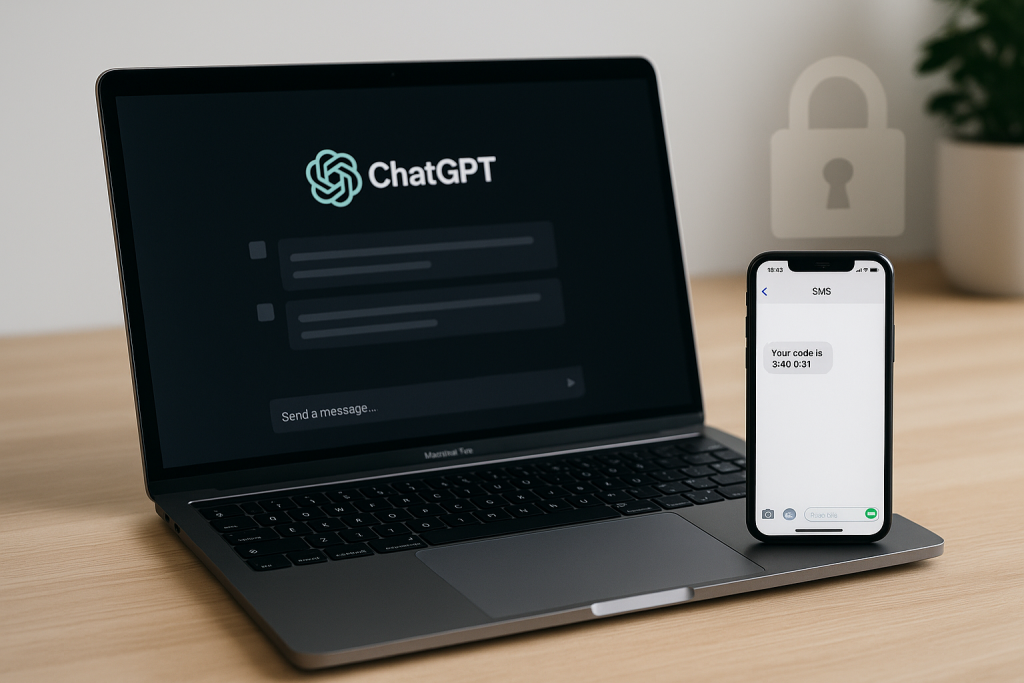 Laptop with chat interface and smartphone receiving SMS code, symbolizing ChatGPT account verification without personal numbers.