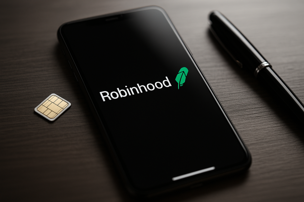 Smartphone showing the Robinhood logo beside a SIM card and pen on a wooden surface.