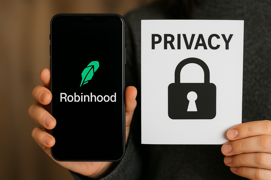 Person holding a smartphone showing the Robinhood logo and a privacy sign with a padlock icon.
