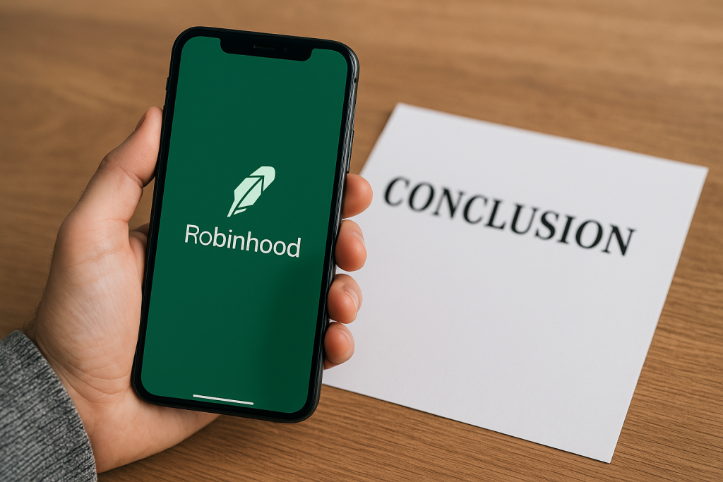 Hand holding a smartphone with the Robinhood app displayed beside a paper labeled “Conclusion.”