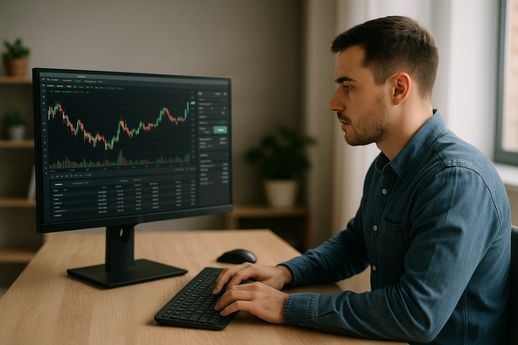 A focused young man trading stocks on a desktop computer in a bright, modern office.