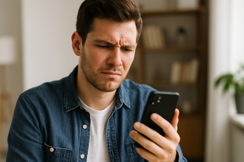 A confused young man looking at his smartphone after a failed verification message.