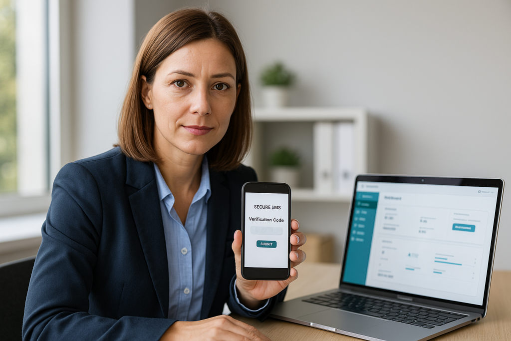 A professional woman holding a smartphone that shows a verification code screen, with a laptop dashboard visible beside her.