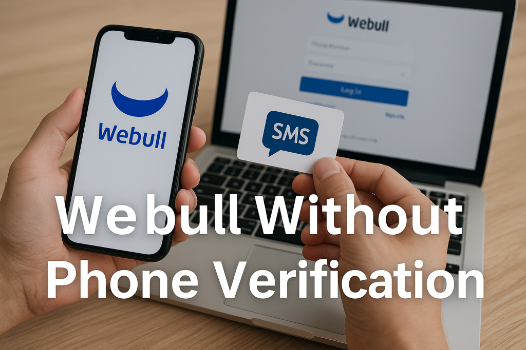 Webull Without Phone Verification: Smart, Safe Guide 1 Hands holding a phone showing the Webull logo and a small card with an SMS icon in front of a laptop screen with “Webull Without Phone Verification” text overlay.