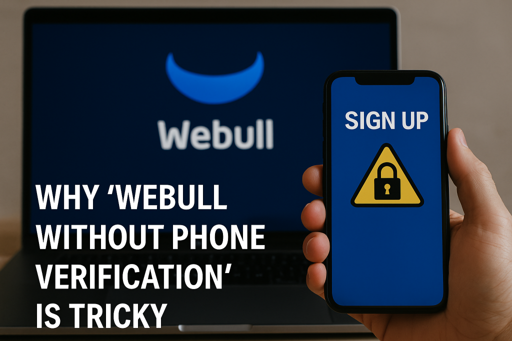 A smartphone showing a sign-up warning with a lock icon held in front of a laptop displaying the Webull logo, emphasizing account security.