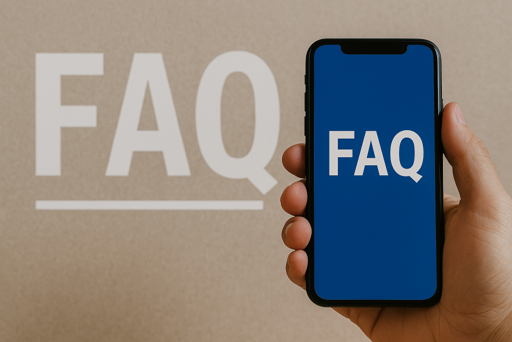 A person holding a smartphone with a blue screen displaying the text “FAQ,” symbolizing common user questions.