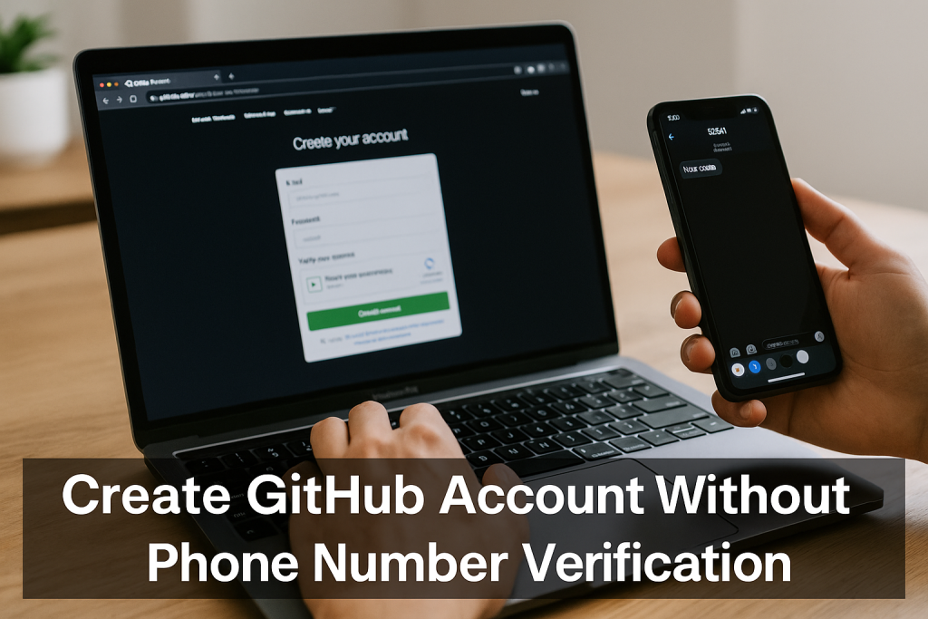 Person creating a GitHub account on a laptop while holding a phone showing a verification code, illustrating sign-up without phone verification.