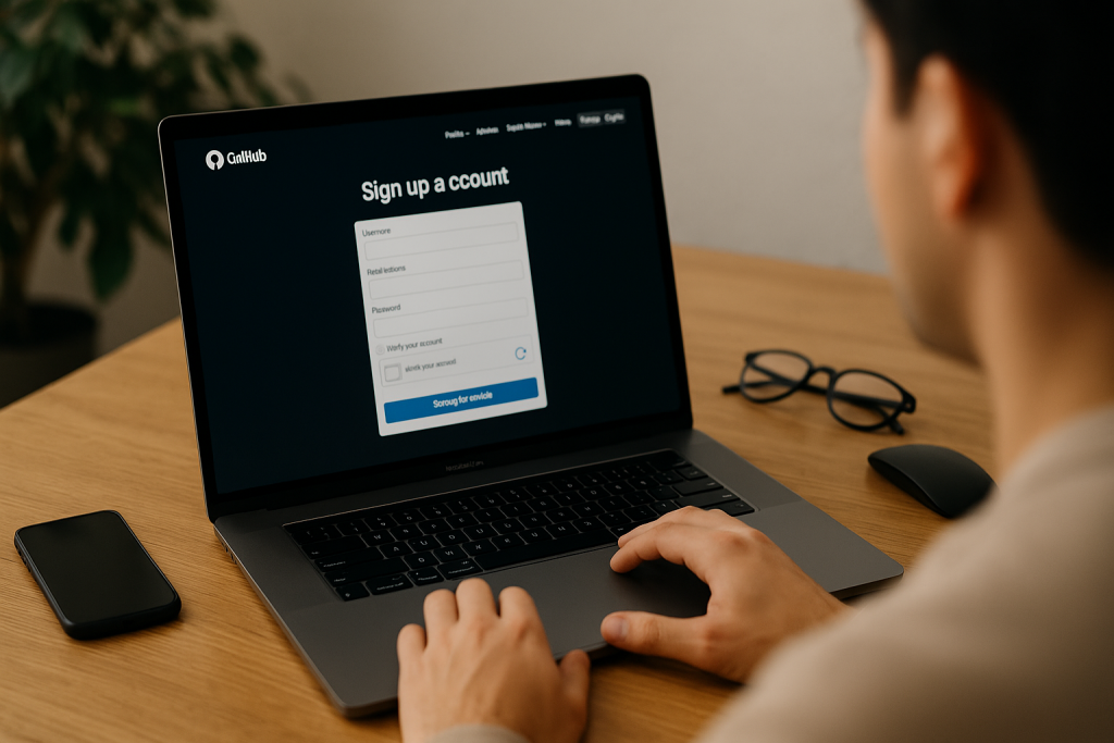 A person types on a laptop showing the GitHub sign-up page in a softly lit workspace with minimal desk items.