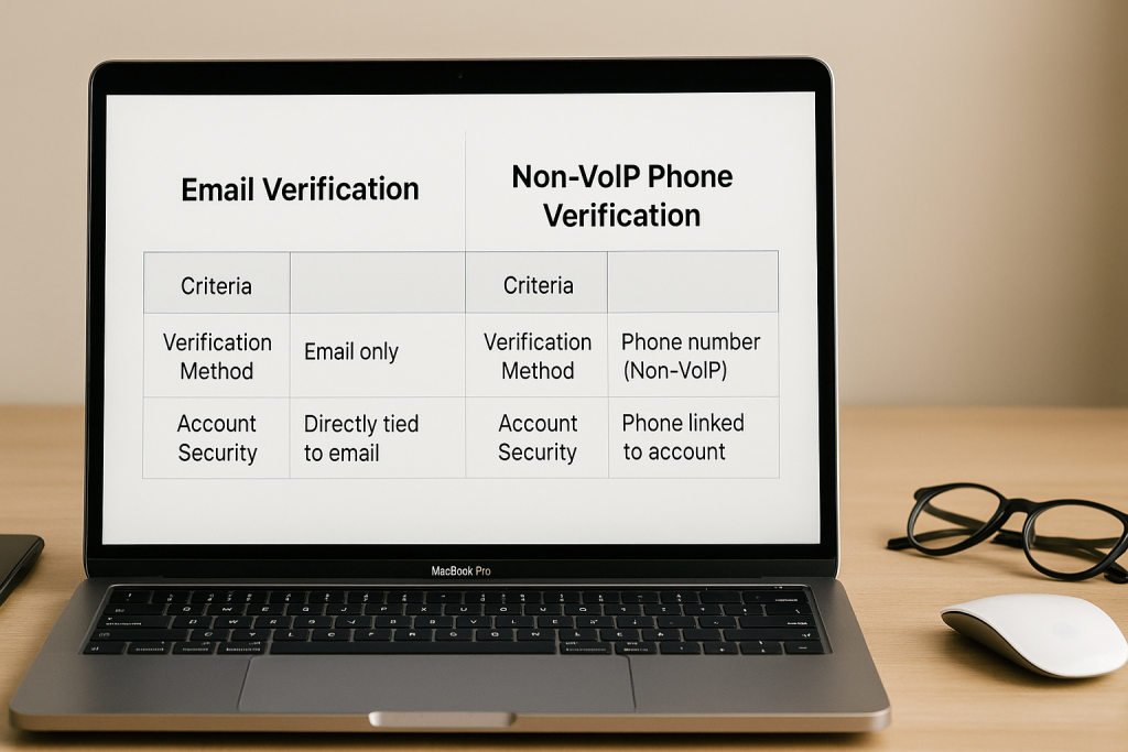 A laptop on a wooden desk showing a comparison table between email verification and Non-VoIP phone verification methods for GitHub accounts.