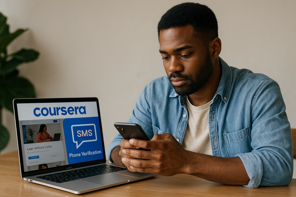 A student verifies his Coursera account using his smartphone beside an open laptop displaying the Coursera website.