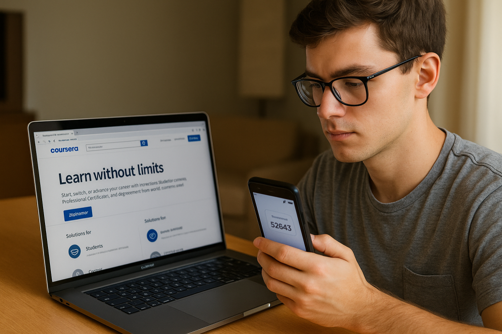 A focused student sits at a table, viewing a verification code on his phone while his laptop displays the Coursera homepage.