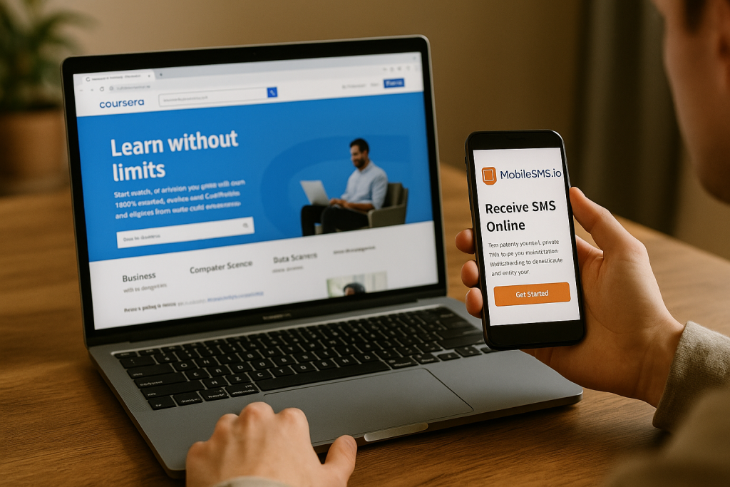 A person uses a laptop showing Coursera’s homepage and a smartphone displaying MobileSMS.io’s site for SMS verification.