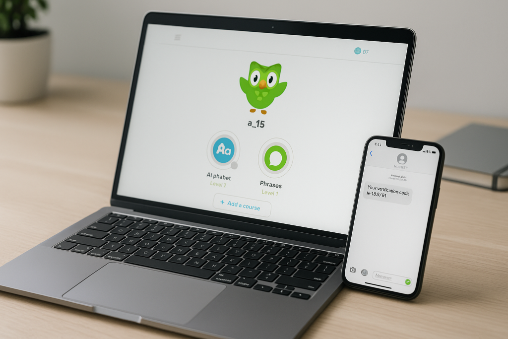 Laptop displaying Duolingo next to a smartphone showing an SMS verification code, illustrating secure multi-account setup without using a personal phone number.
