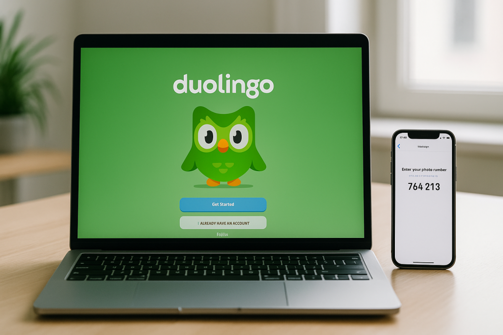 Laptop showing the Duolingo start screen next to a phone receiving a verification code, representing secure and private account setup without using a personal phone number.