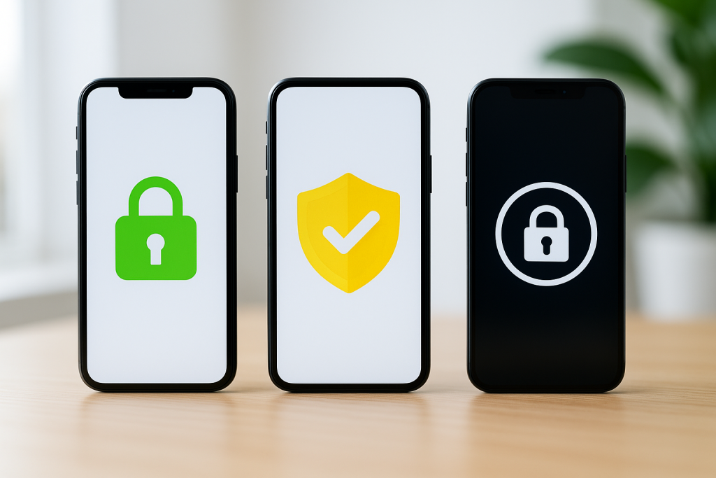 Three smartphones displaying security icons, symbolizing private SMS verification and secure account setup for Duolingo without personal phone numbers.