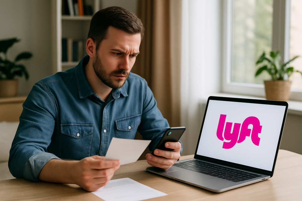 Lyft Without Phone Verification: Complete Multi-Account Guide 1 A Lyft driver reviews his phone and documents at a desk, with a laptop showing the Lyft logo, representing phone verification challenges for gig workers.